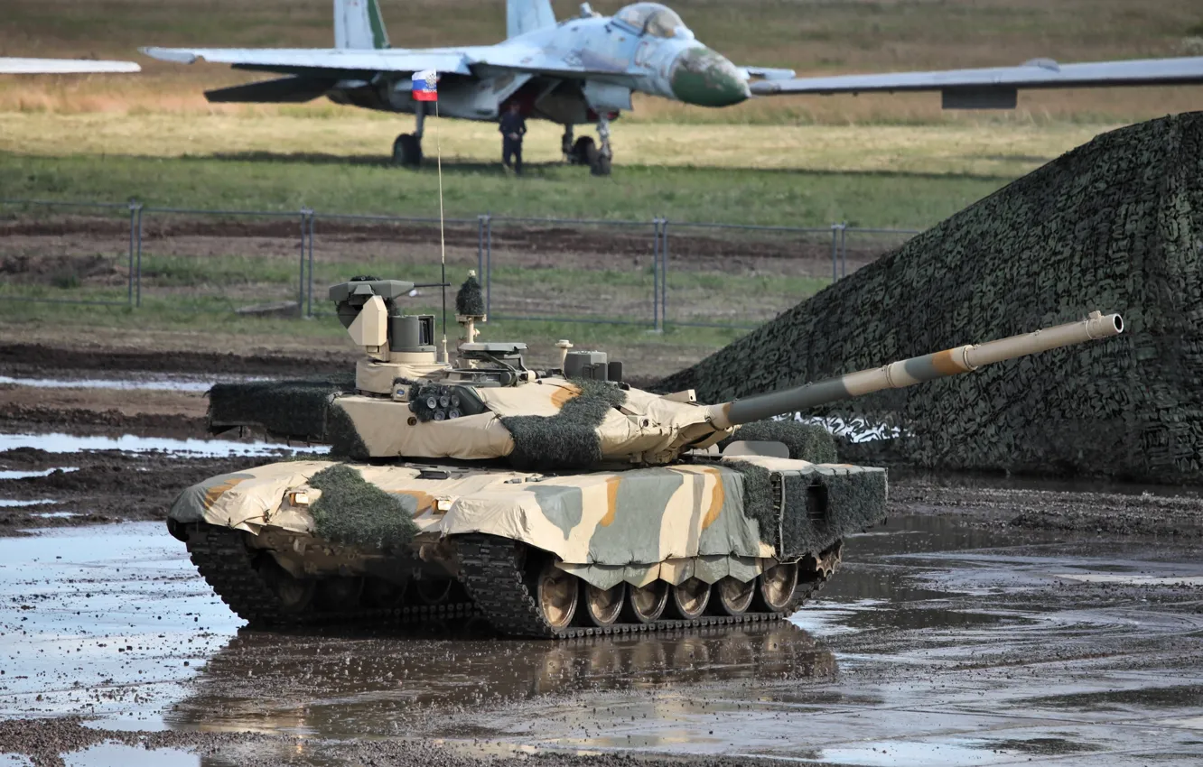 Photo wallpaper lights, T-90MS, Su-27 in the background, Russian tank, cover the tank
