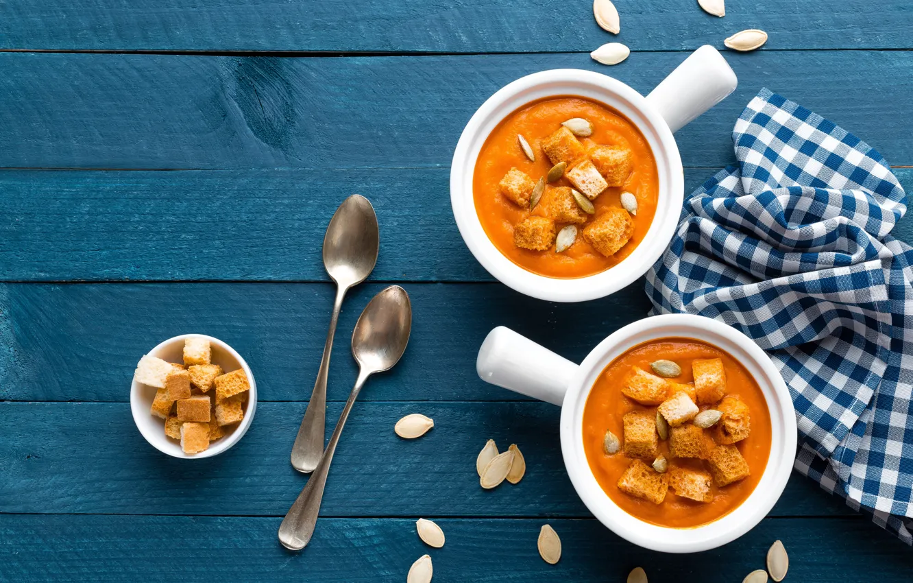 Photo wallpaper food, bread, pumpkin, wood, croutons, pumpkin soup