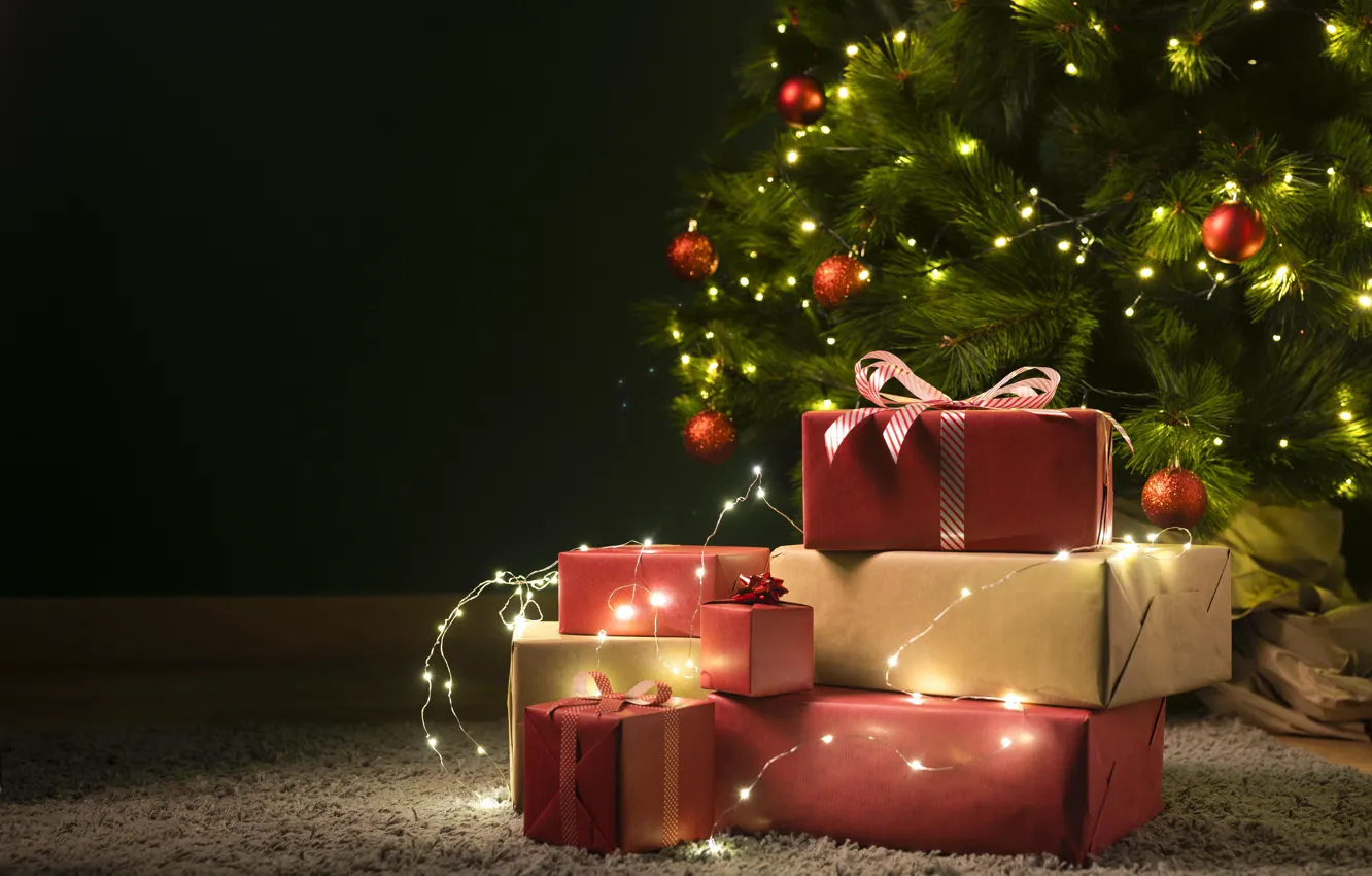 Photo wallpaper decoration, lights, tree, Christmas, gifts, New year, christmas, wood