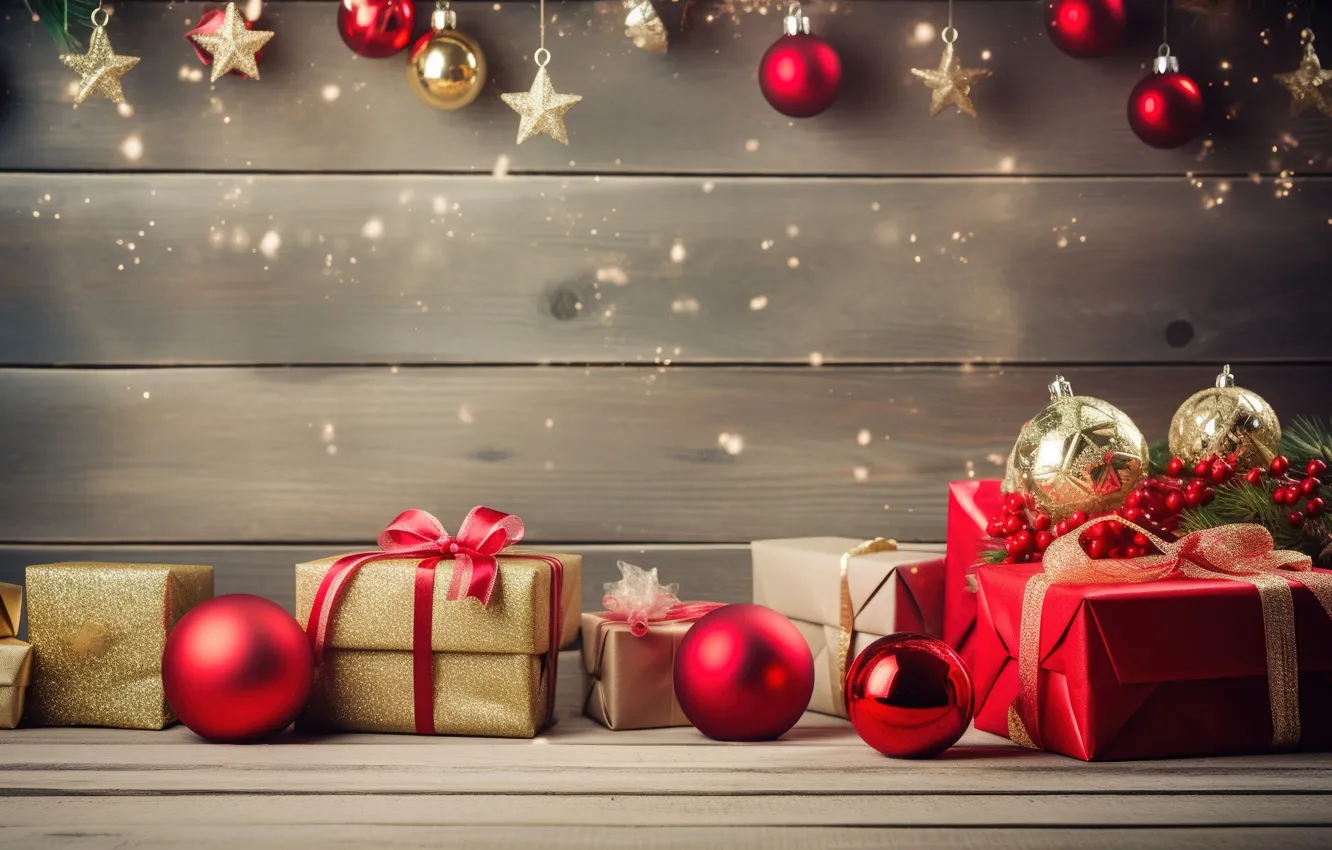 Photo wallpaper decoration, gift, balls, new year, Christmas, red, golden, Christmas
