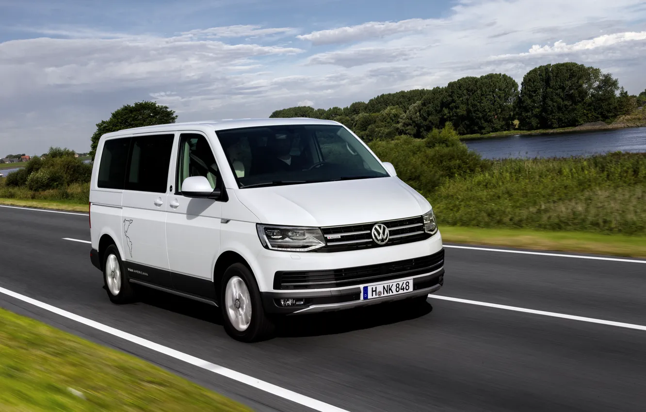 Photo wallpaper road, greens, white, the sky, clouds, markup, Volkswagen, van