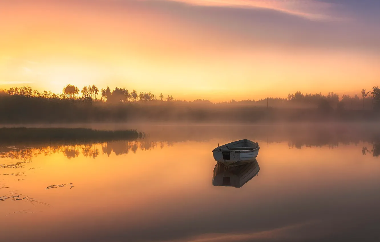 Photo wallpaper sunset, lake, boat