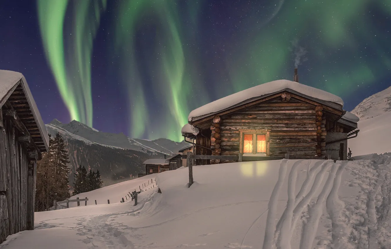 Photo wallpaper winter, snow, home, Northern lights