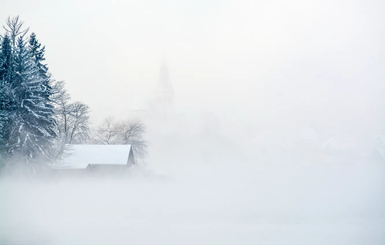 Photo wallpaper winter, snow, fog