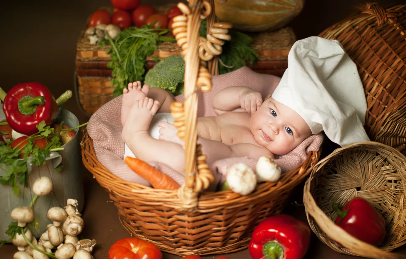 Photo wallpaper children, mushrooms, baby, lies, vegetables, child, bagels, basket