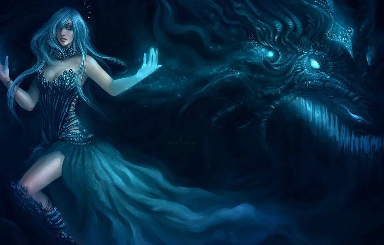 Photo wallpaper girl, magic, dragon, monster, art