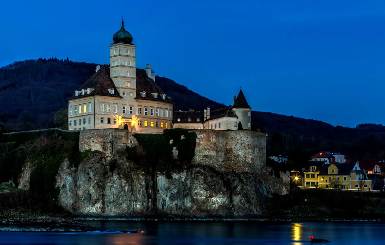 Photo wallpaper mountains, night, lights, river, castle, rocks, shore, home