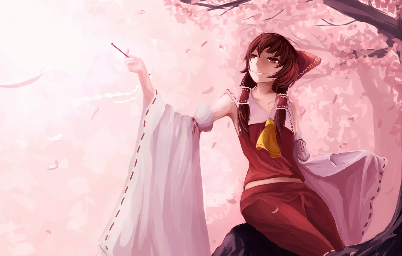 Photo wallpaper look, girl, trees, smile, Sakura, art, gracehoo, Hakurei Reimu