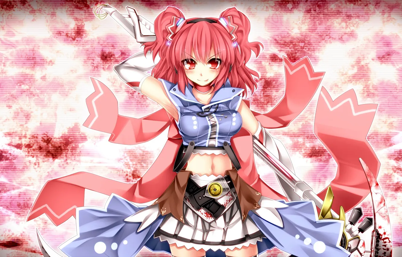 Photo wallpaper chest, look, girl, smile, weapons, gesture, touhou, art