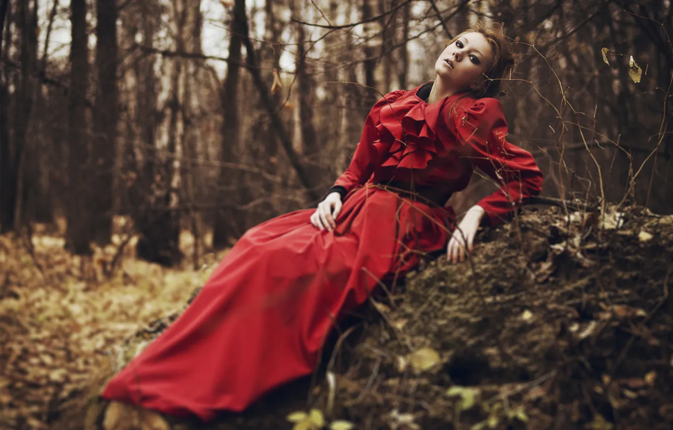 Photo wallpaper forest, girl, red, pose, dress