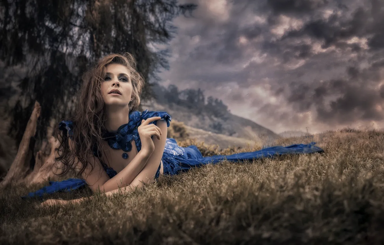 Photo wallpaper grass, girl, clouds, overcast, dress