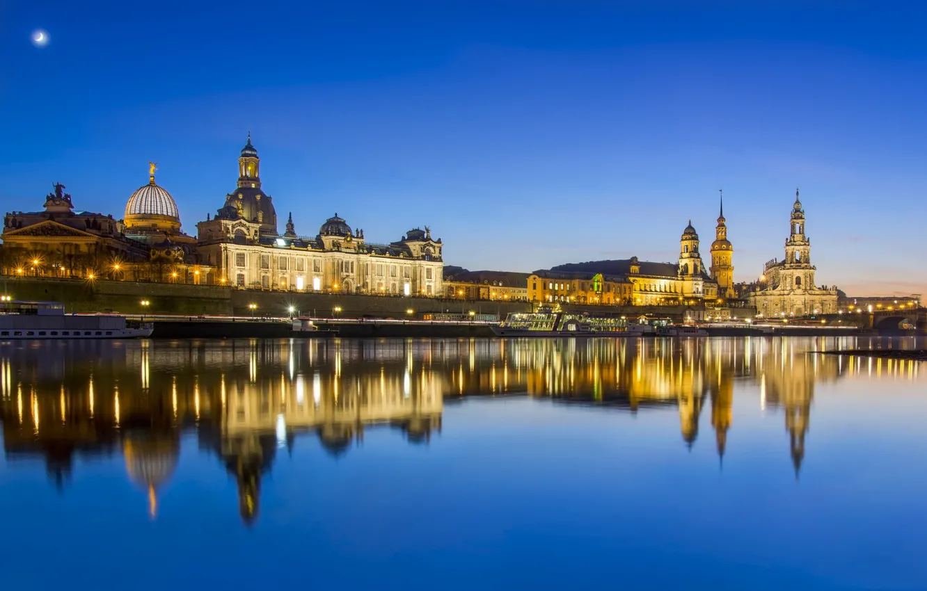 Photo wallpaper lights, reflection, river, Germany, Dresden
