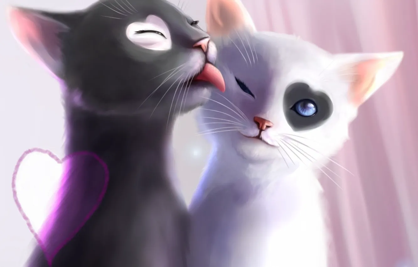 Photo wallpaper hearts, licks, two cats