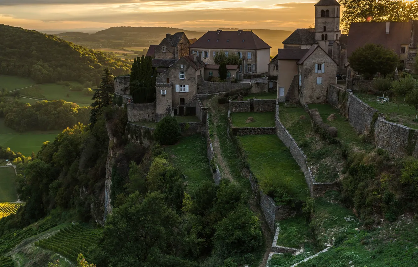 Photo wallpaper field, forest, the sky, the sun, clouds, trees, mountains, France