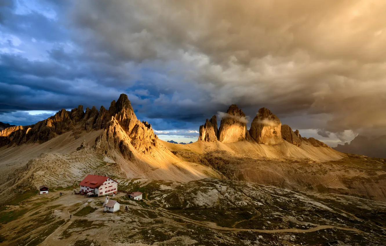 Photo wallpaper road, the sky, clouds, light, mountains, clouds, rocks, tops