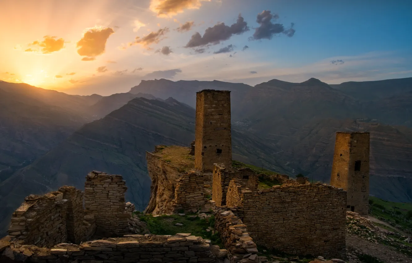 Photo wallpaper mountains, old, fog, dawn, morning, ruins, structure, Dagestan