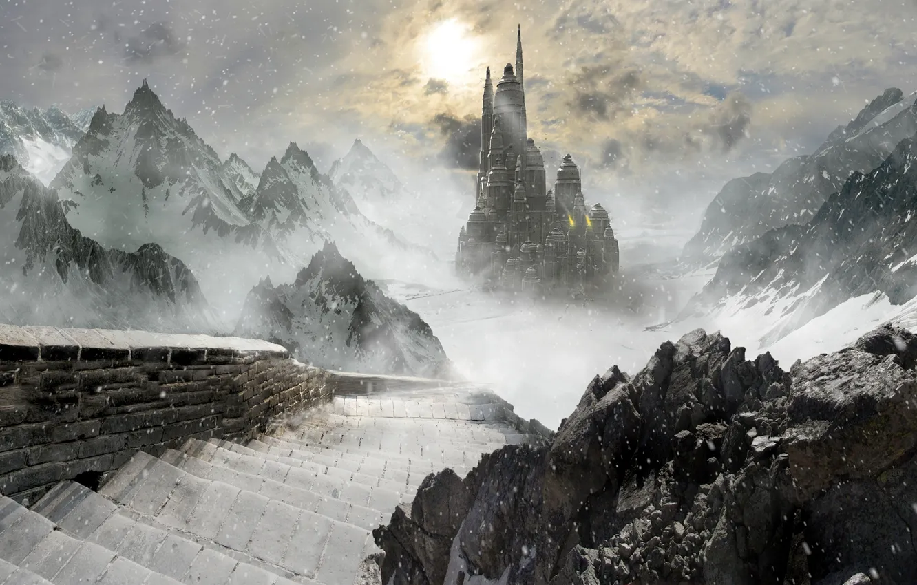 Photo wallpaper snow, mountains, castle, rocks, ice, fantasy, ladder, steps