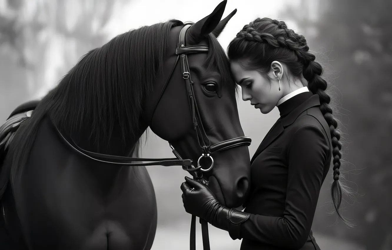Photo wallpaper look, face, girl, pose, each, horse, horse, hairstyle
