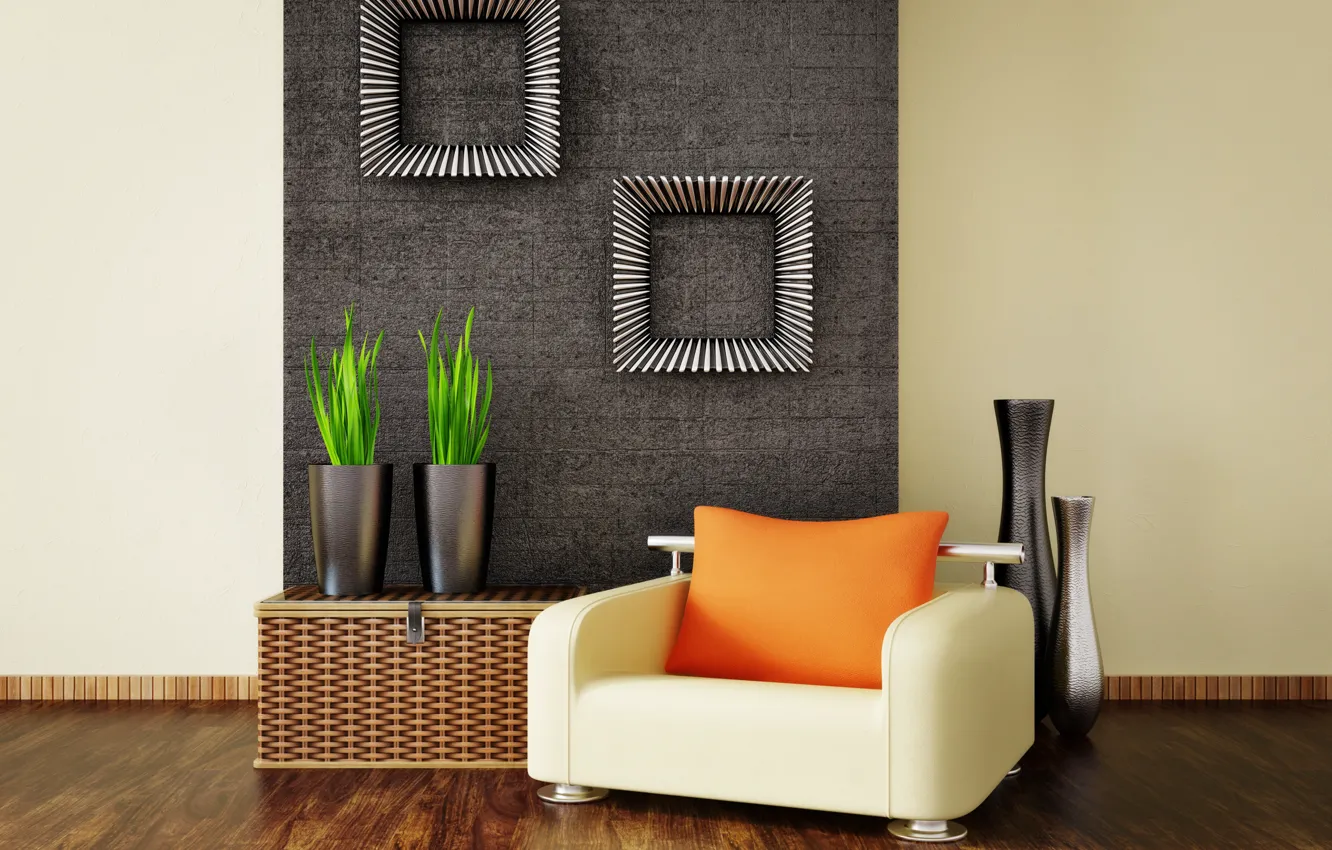 Photo wallpaper design, interior, chair, living room, vases, modern