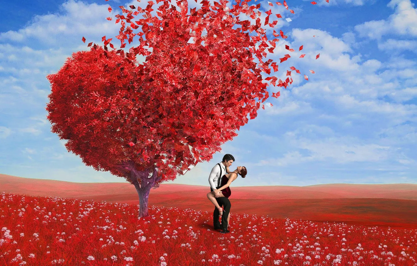 Photo wallpaper field, the sky, leaves, girl, clouds, trees, love, red