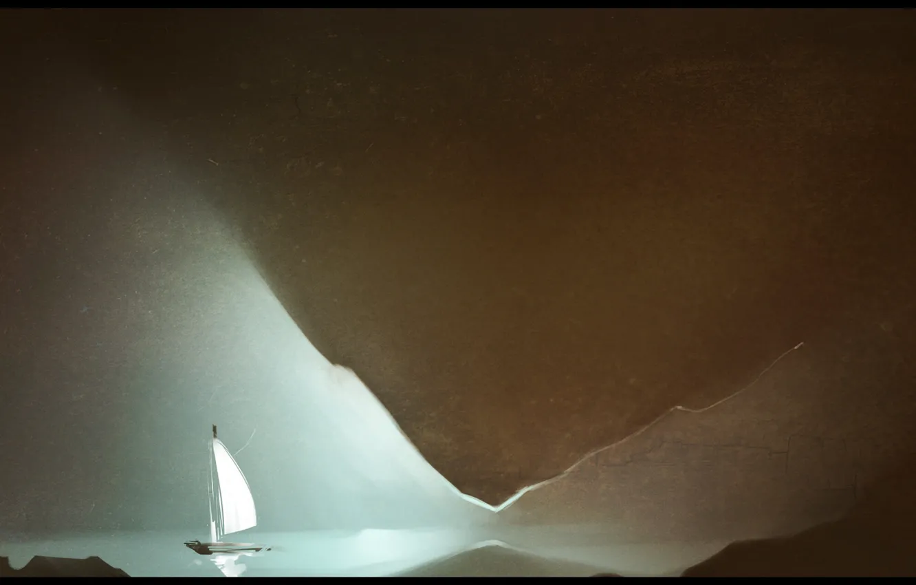 Photo wallpaper lake, boat, sail, cave