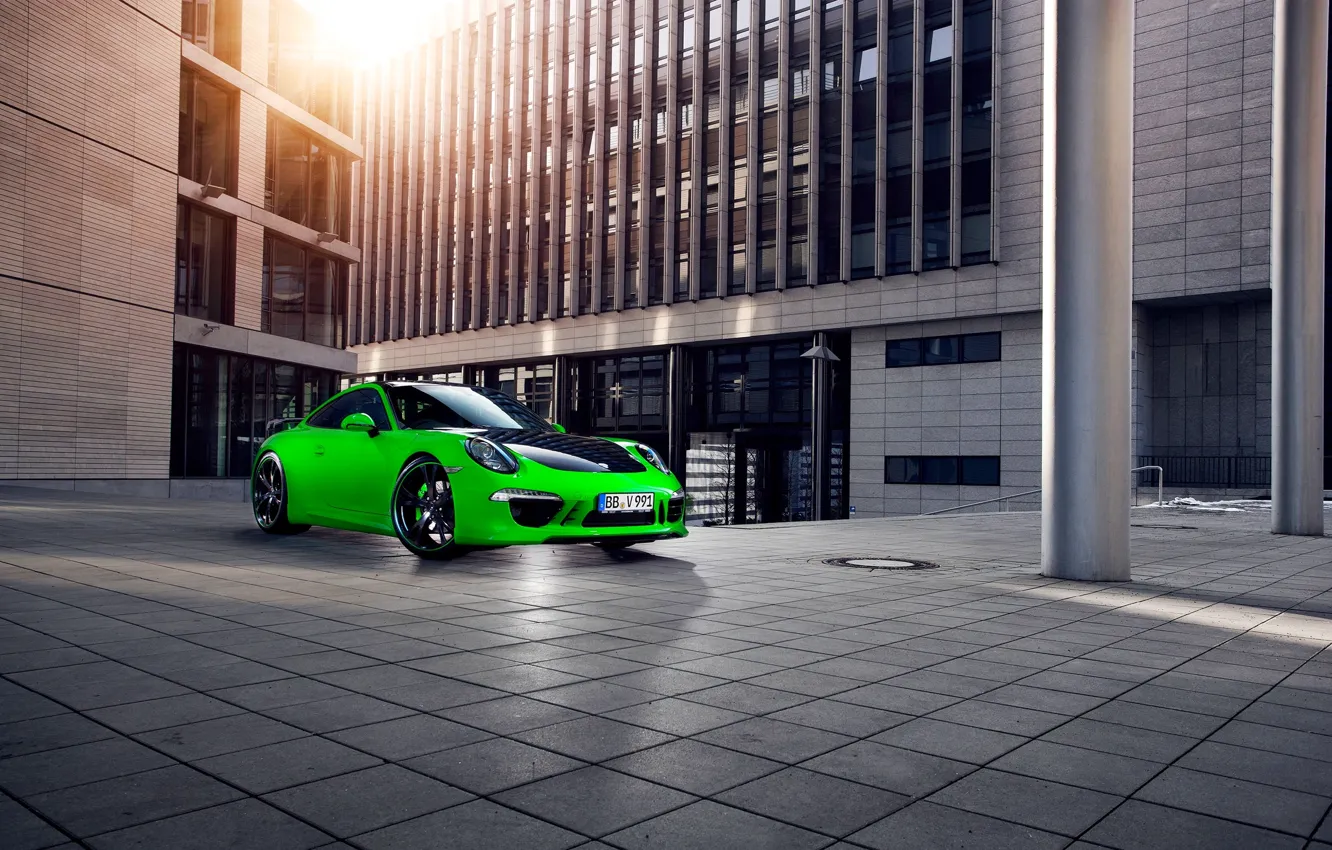 Photo wallpaper the city, green, 911, Porsche, The building, Porsche, Carrera, techart