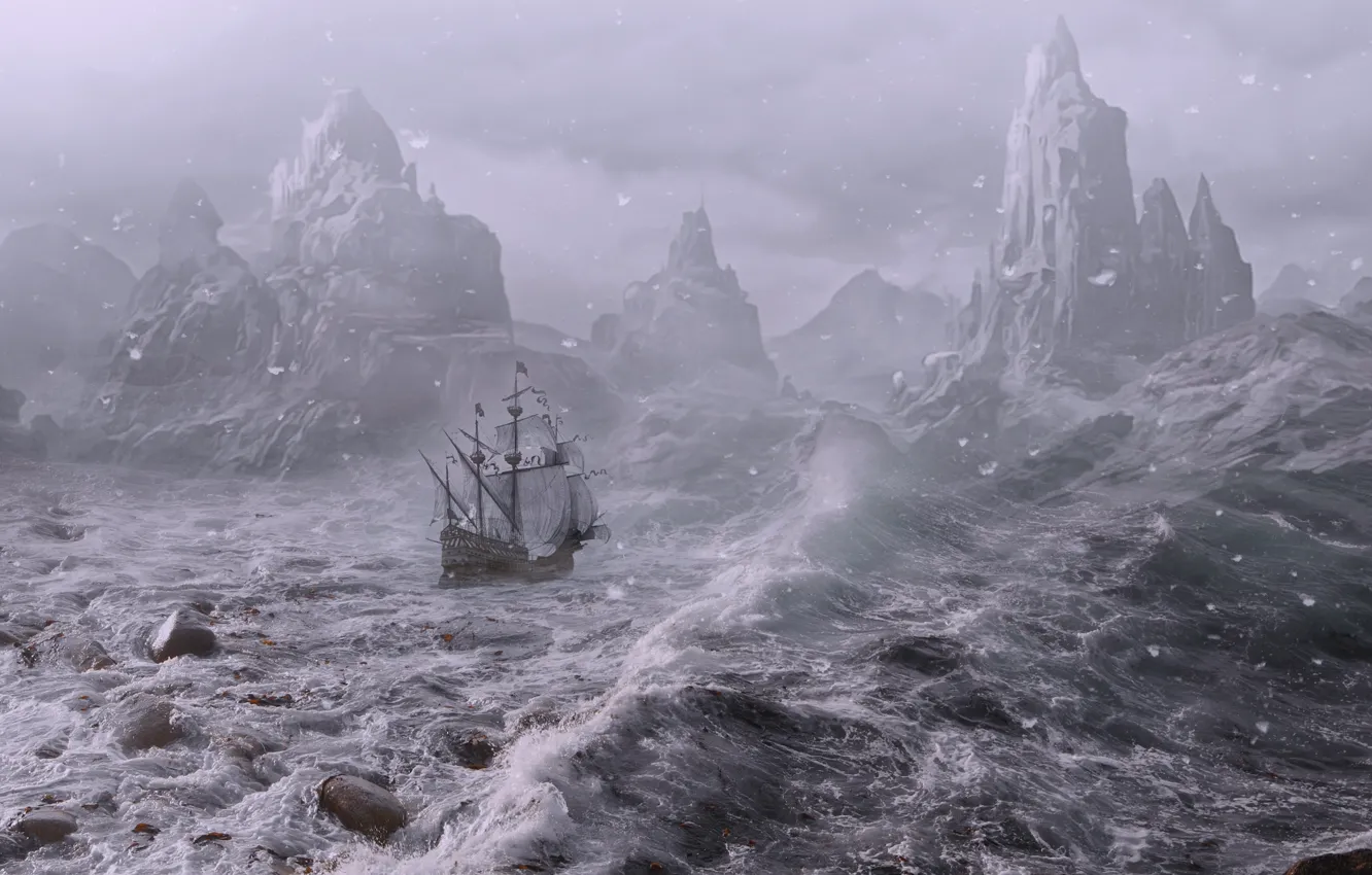 Photo wallpaper sea, wave, snow, mountains, storm, fog, stones, rendering