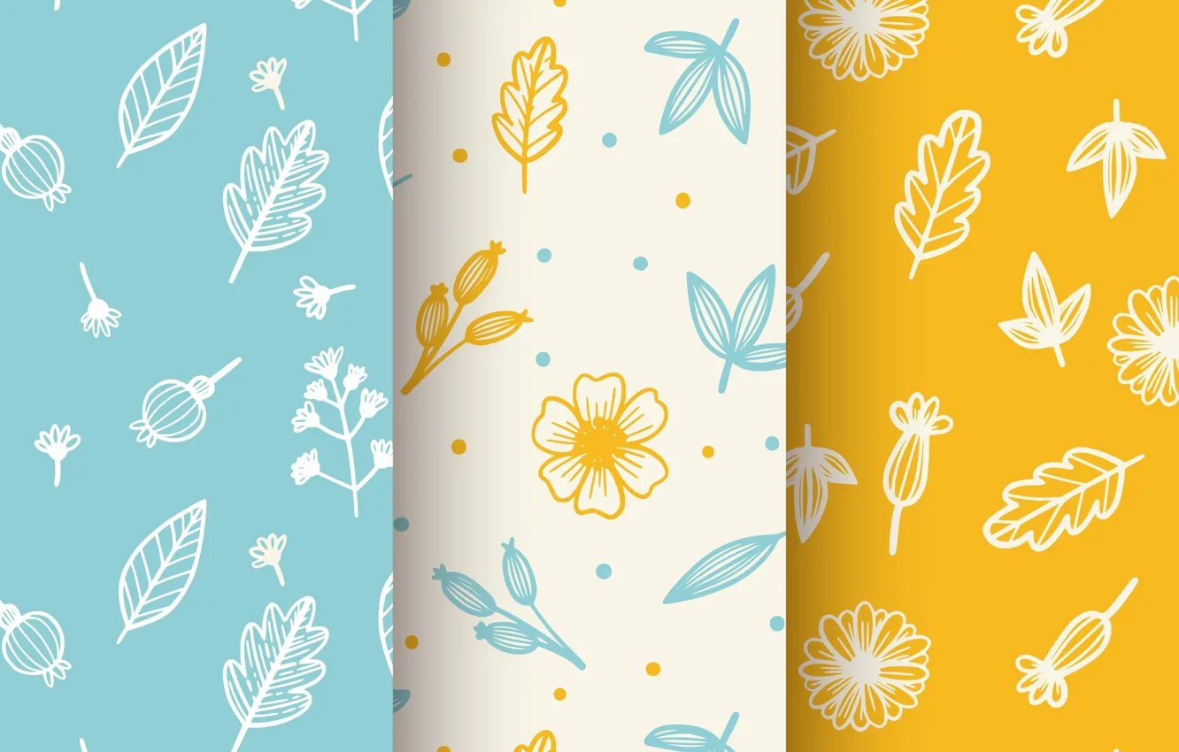 Photo wallpaper yellow, blue, texture, patterns, flowers, leaves