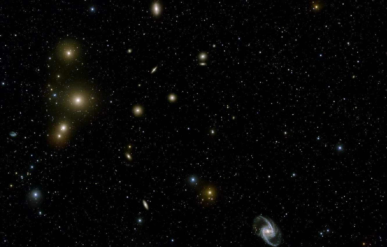 Photo wallpaper Constellation Fornax, The Fornax Galaxy Cluster, VLT Survey Telescope, NGC 1399, NGC 1365, Local Group …