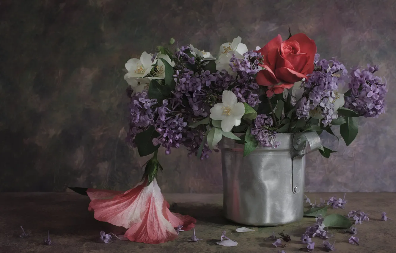 Photo wallpaper flowers, rose, bouquet, lilac, Jasmine, hibiscus