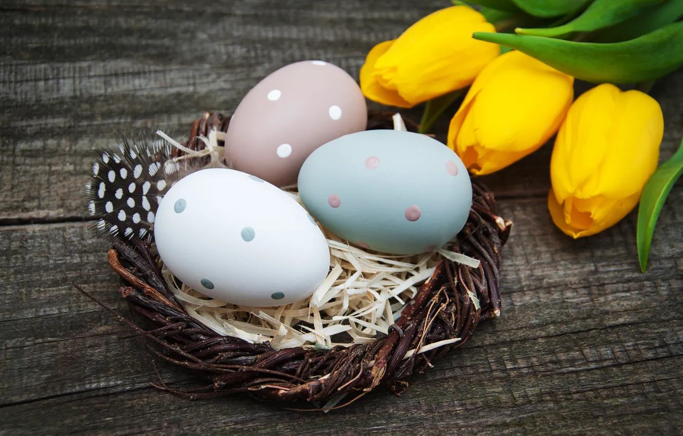 Photo wallpaper flowers, eggs, spring, colorful, Easter, tulips, yellow, wood