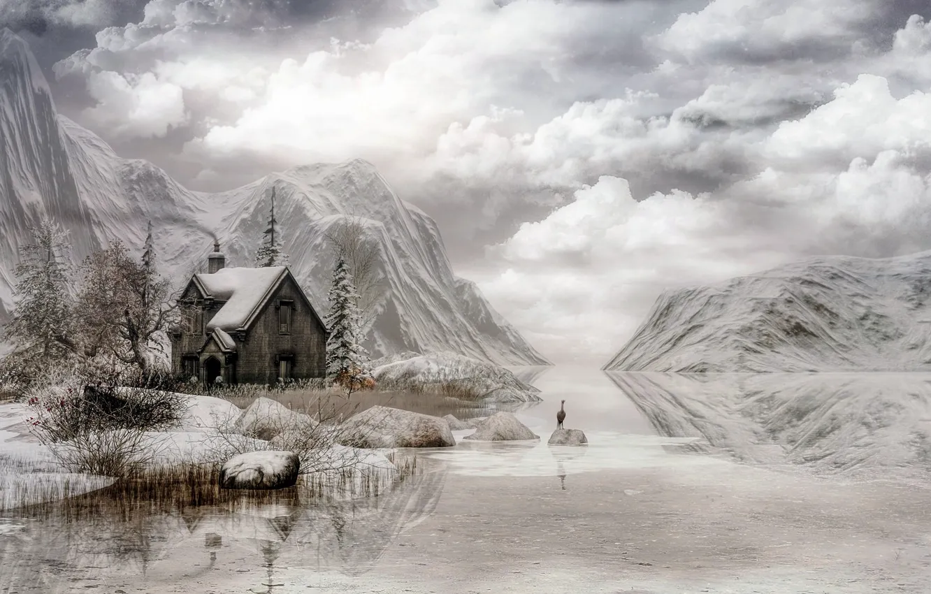 Photo wallpaper winter, the sky, clouds, mountains, house