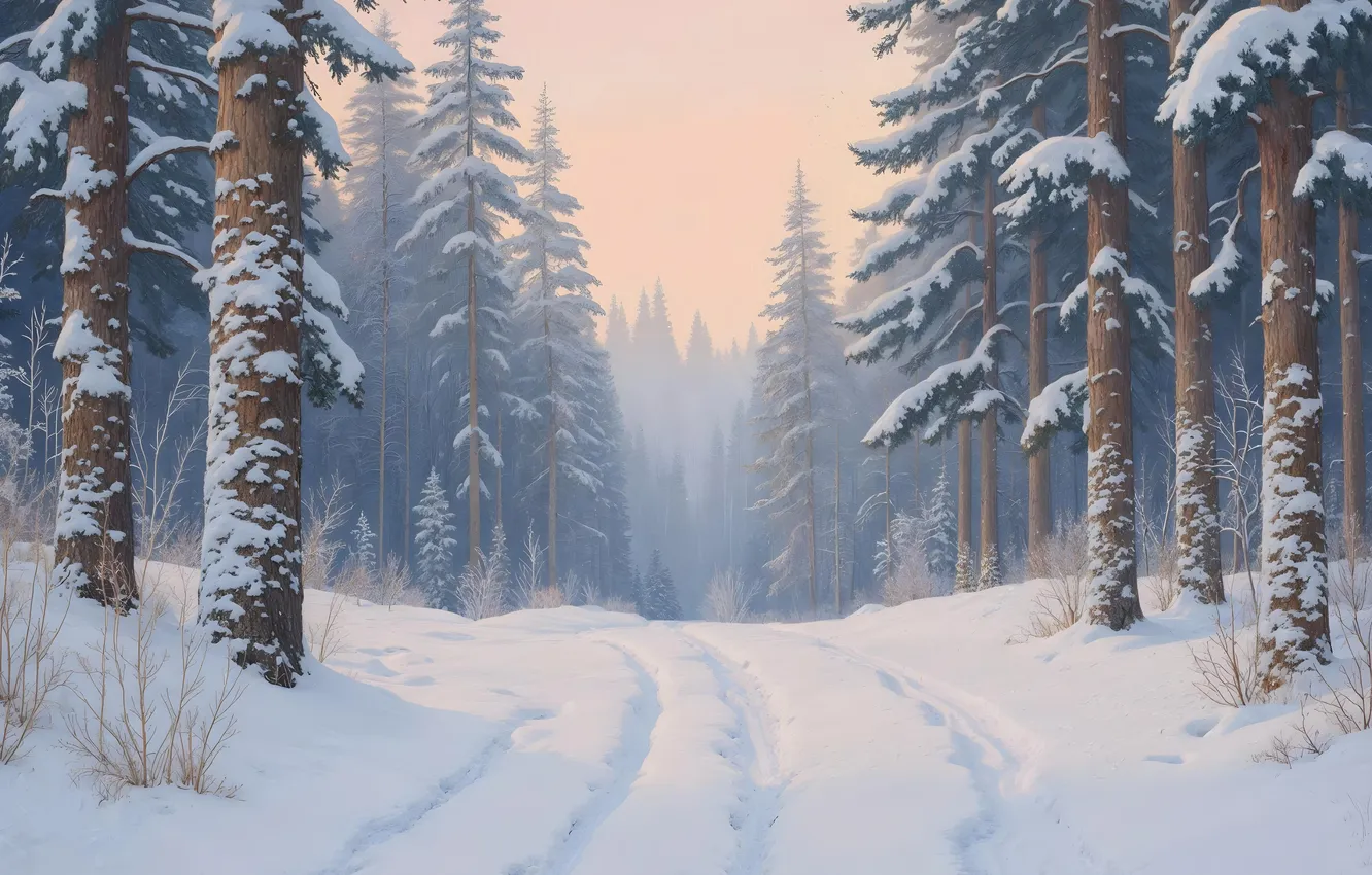 Photo wallpaper winter, frost, road, forest, the sky, snow, trees, fog