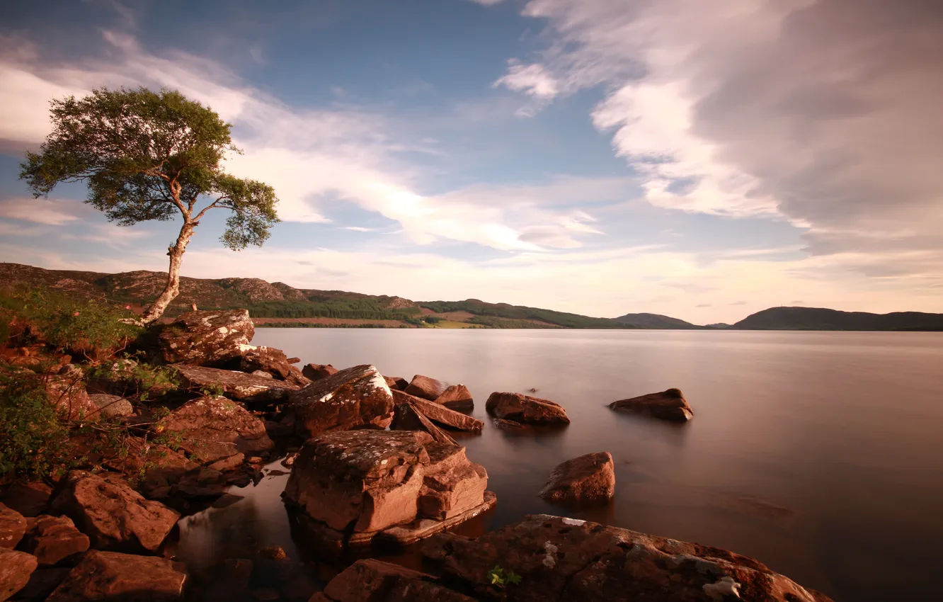 Photo wallpaper the sky, trees, lake, stones
