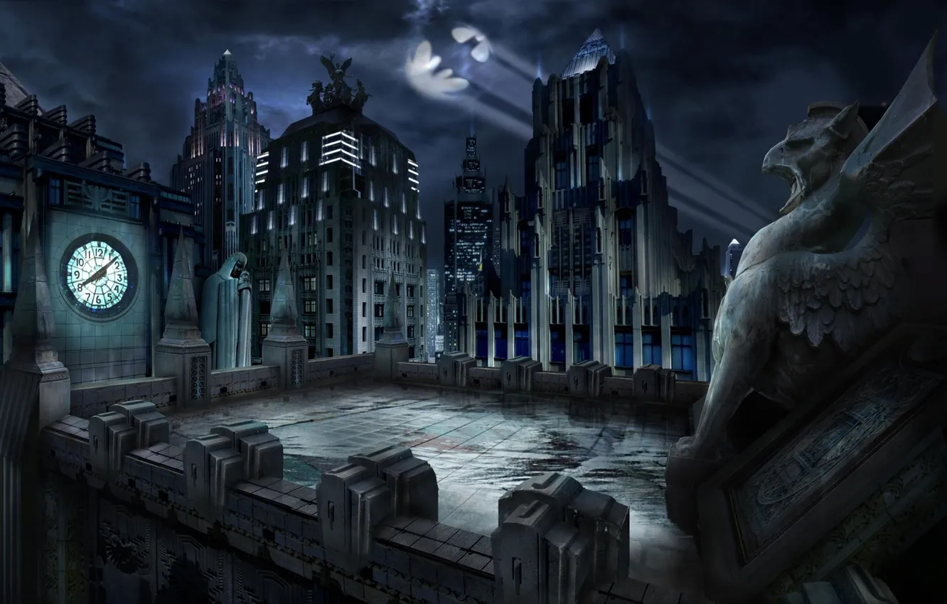 Photo wallpaper roof, night, building, Batman, Gargoyle, Gotham City