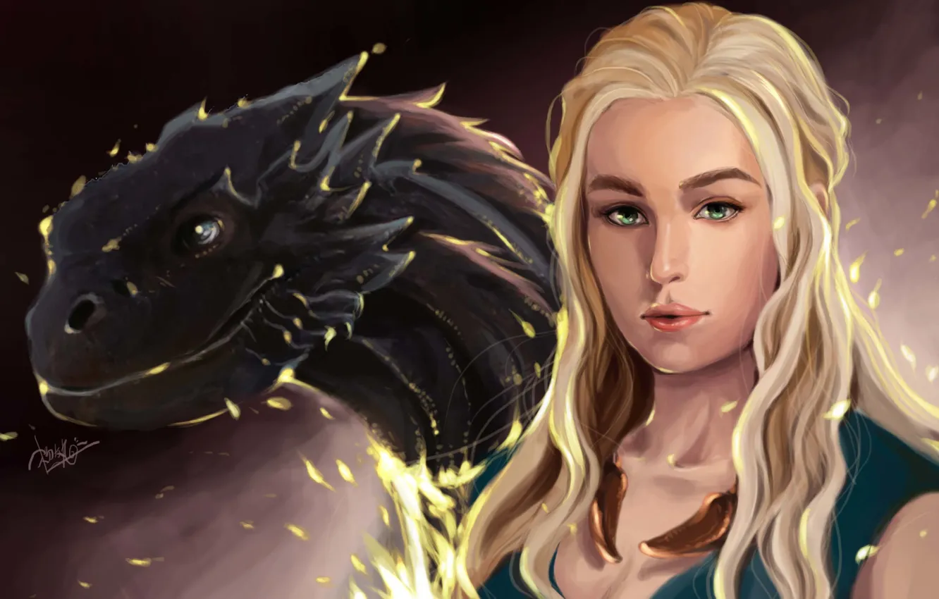 Photo wallpaper look, face, hair, dragon, art, green eyes, Game of thrones, Daenerys Targaryen
