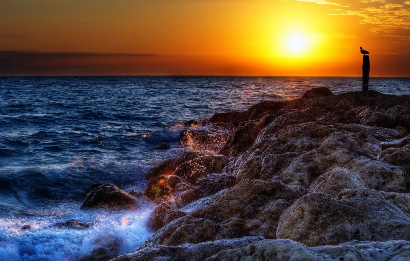 Photo wallpaper sea, wave, the sun, squirt, stones, shore