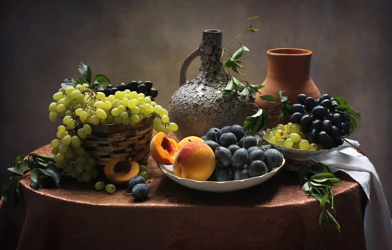 Photo wallpaper grapes, pitcher, still life, peaches, plum