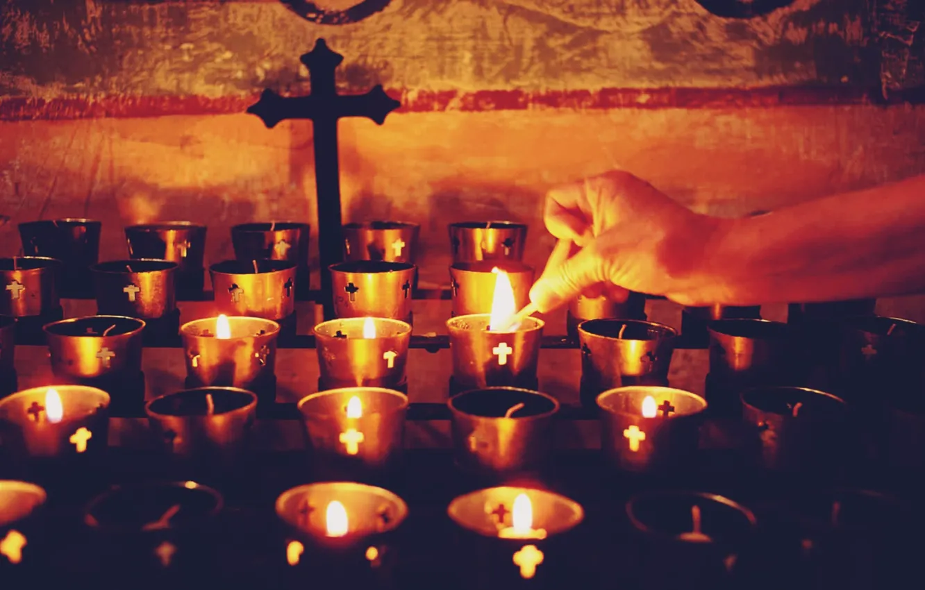 Photo wallpaper lights, cross, hand, candles, christianity