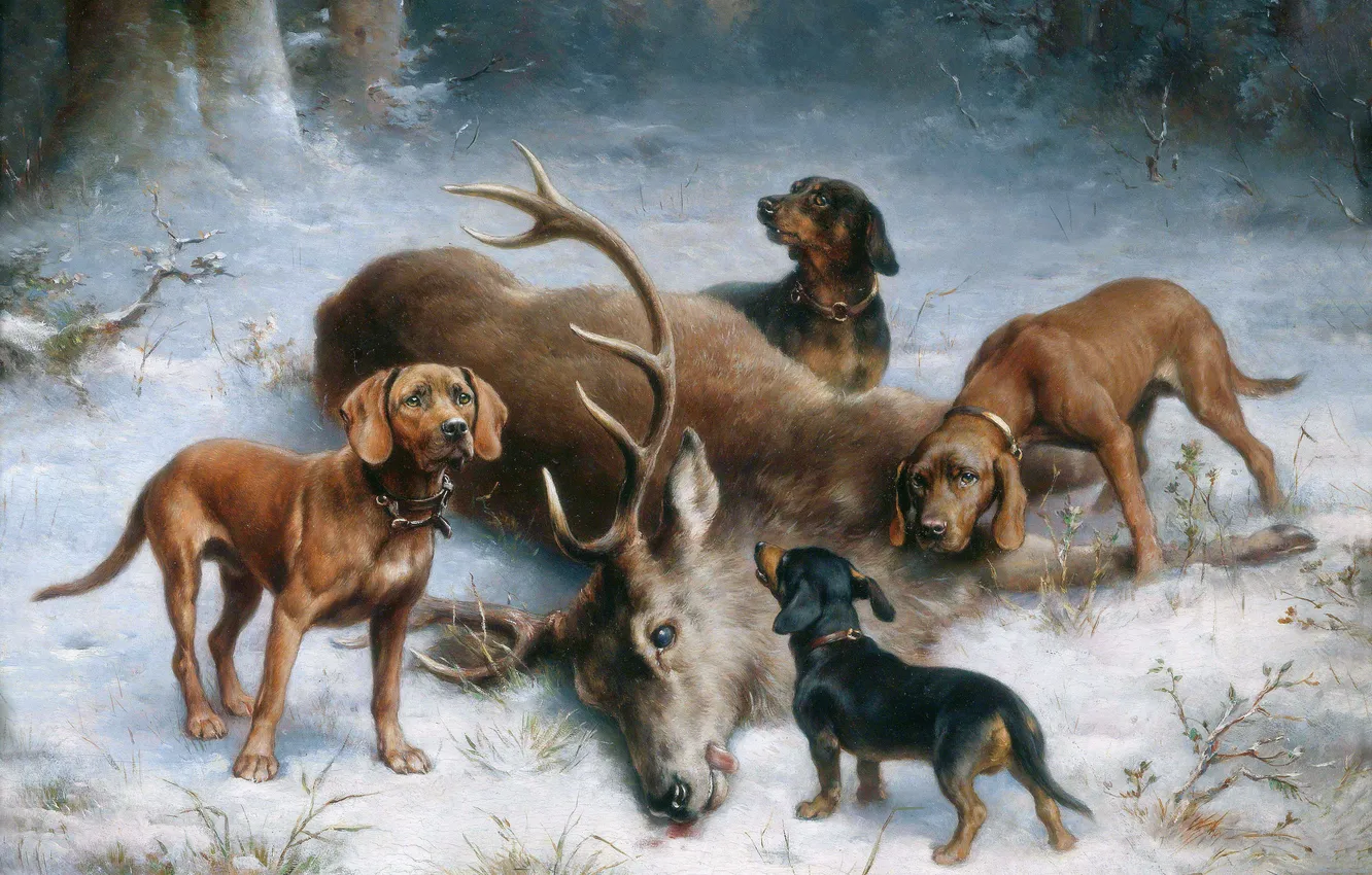 Photo wallpaper winter, snow, dog, picture, deer, Austrian artist, Carl Reichert, Carl Reichert