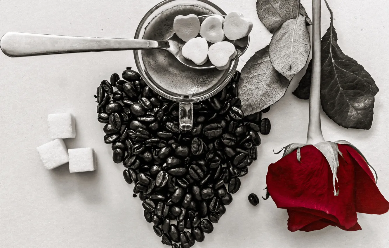 Photo wallpaper heart, rose, coffee, grain, Cup, sugar, still life, Valentine's Day