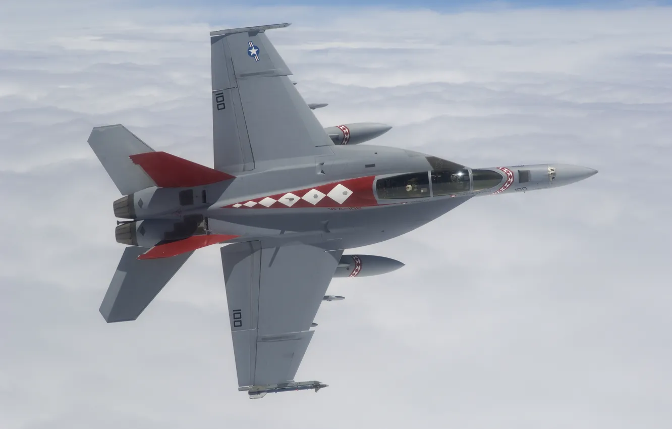 Photo wallpaper the sky, clouds, fighter, Super Hornet, F-18, deck
