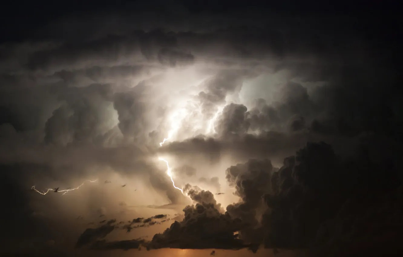 Photo wallpaper the storm, the sky, landscape, clouds, nature, rain, lightning, horizon