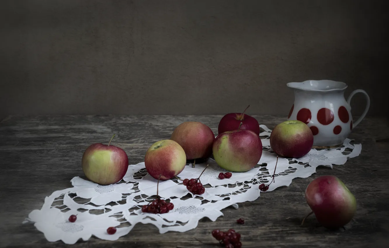 Photo wallpaper table, apples, pitcher, still life, grey background, napkin