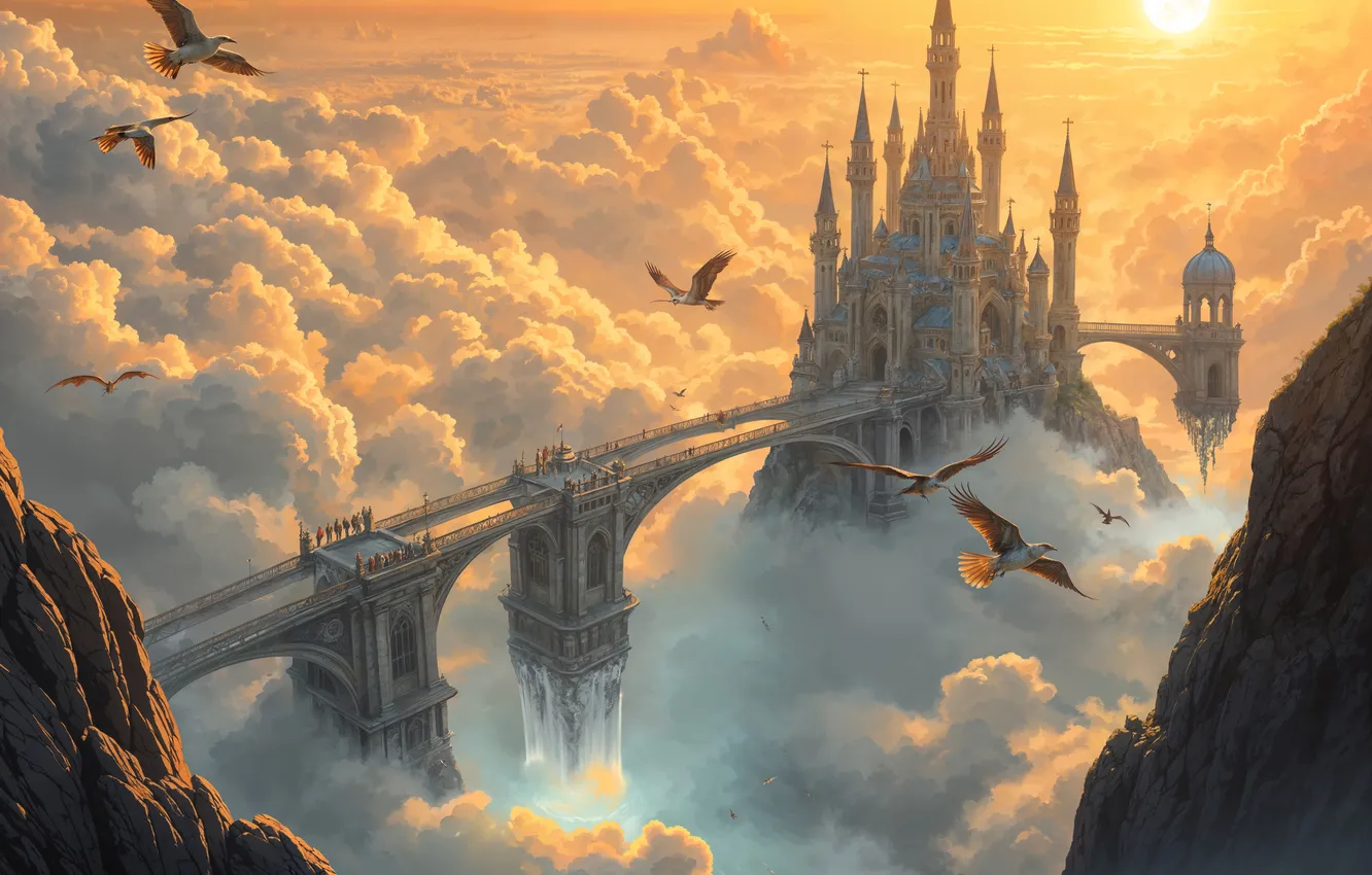 Photo wallpaper the sky, the sun, clouds, light, flight, bridge, fog, castle