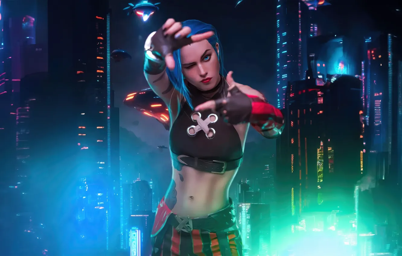 Photo wallpaper girl, the city, lights, pose, skyscrapers, night city, gesture, cosplay