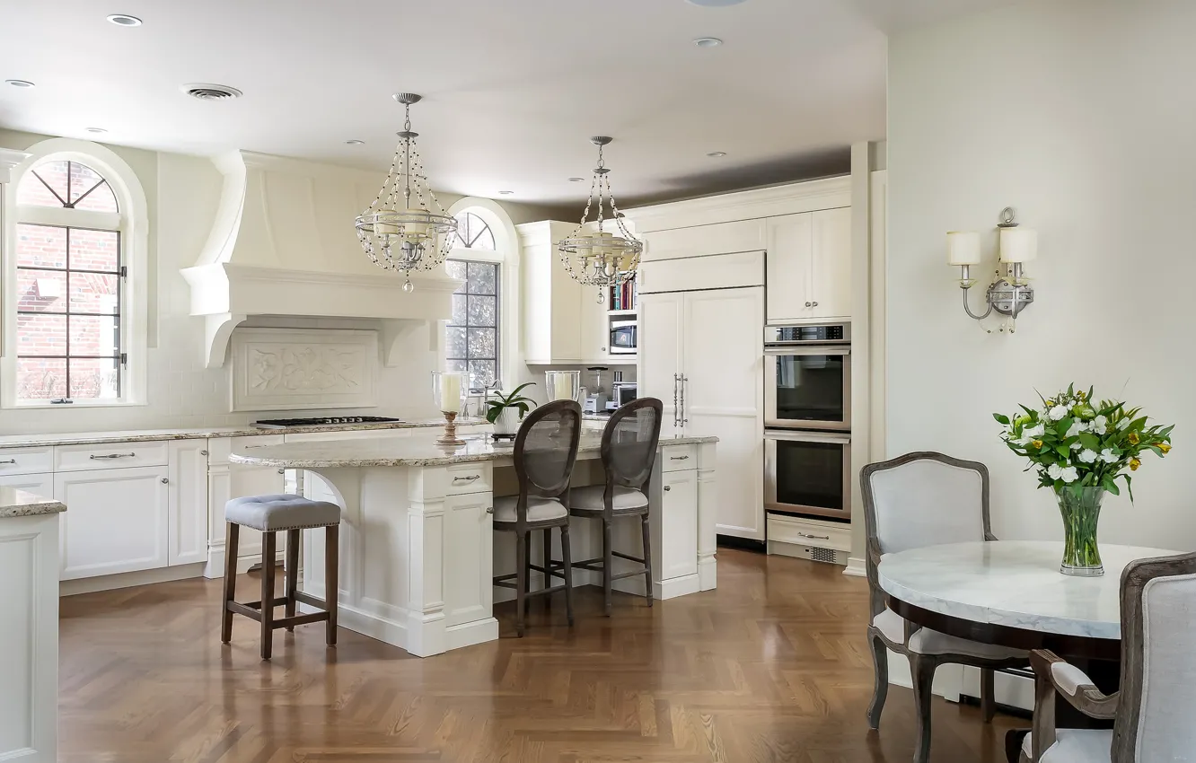 Photo wallpaper design, table, furniture, chair, kitchen, chandelier, sconce