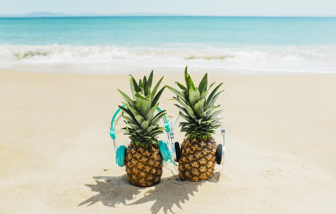 Photo wallpaper sand, sea, beach, summer, stay, headphones, summer, pineapple