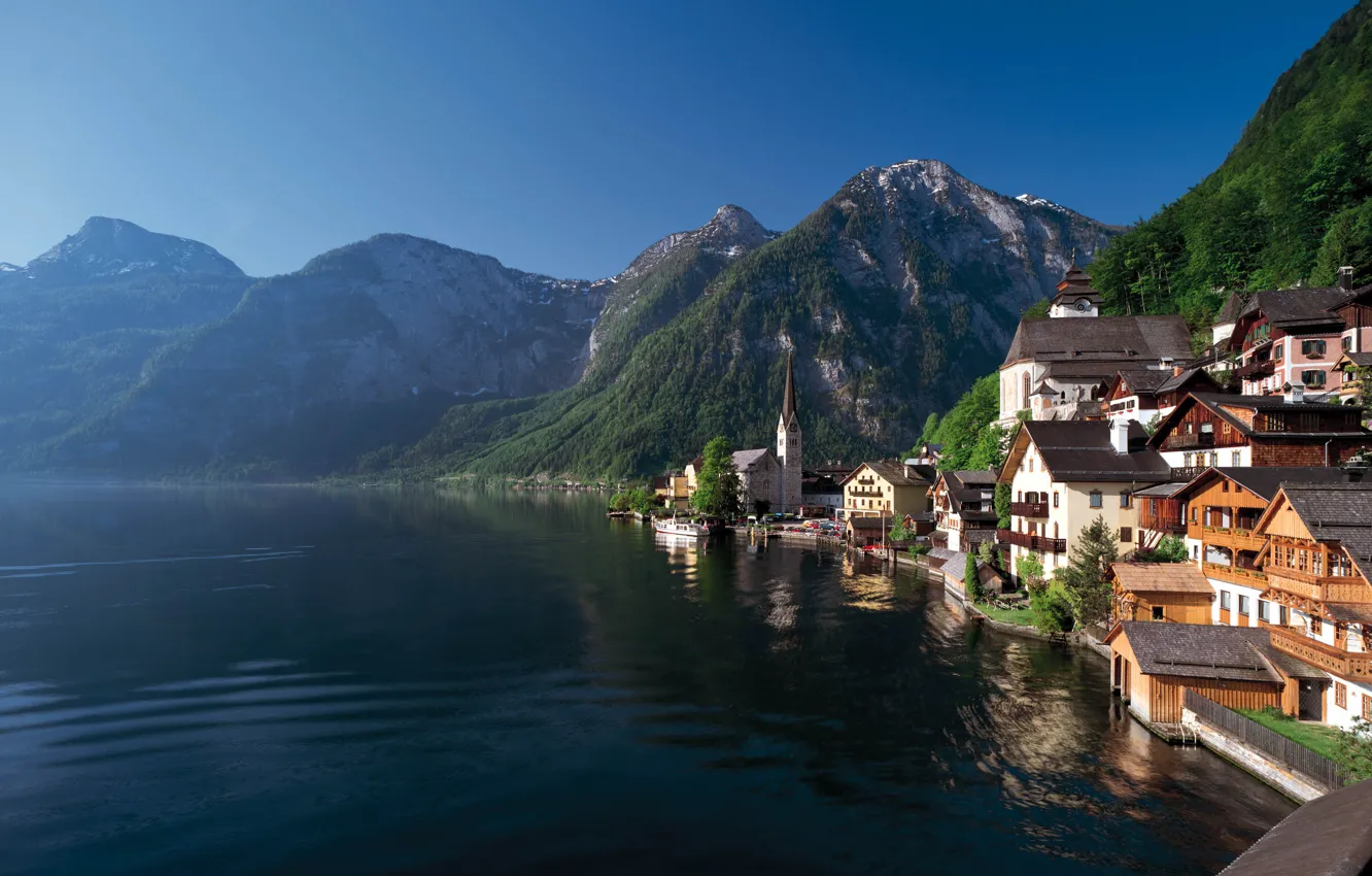 Photo wallpaper forest, summer, mountains, lake, shore, home, town, Austria