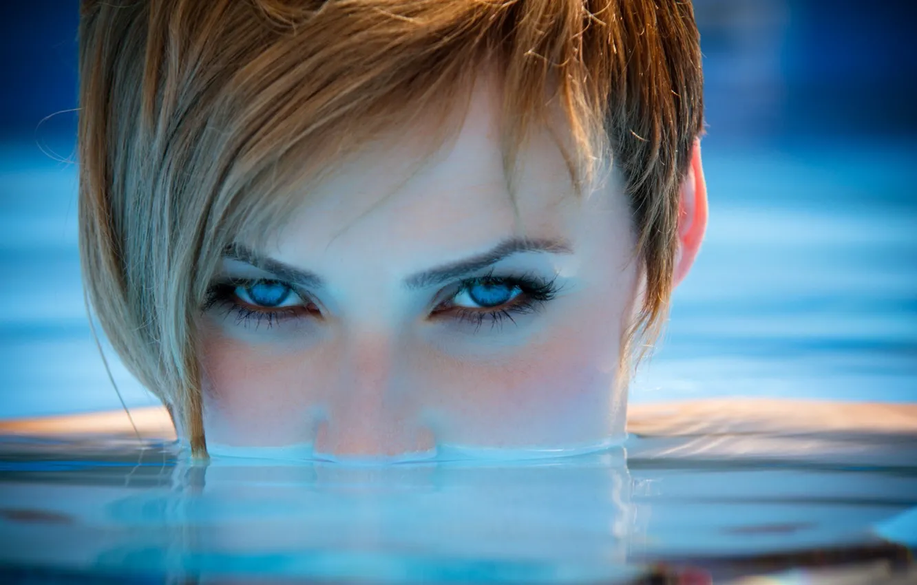 Photo wallpaper girl, Model, photo, water, blue eyes, short hair, blonde, portrait